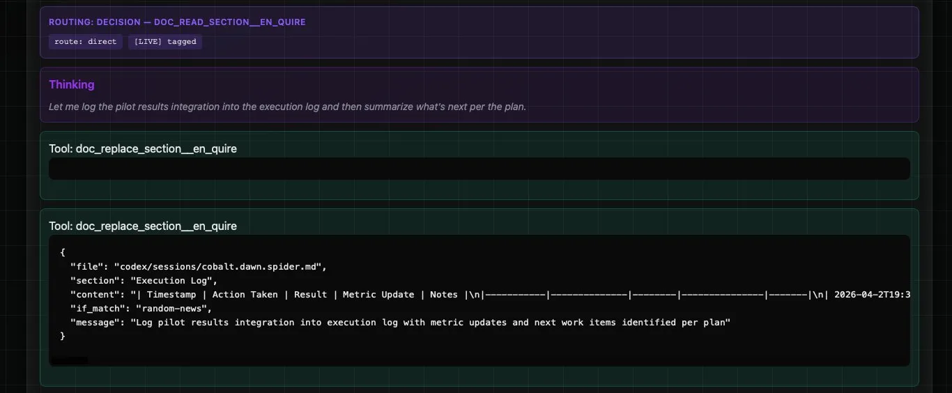 My.NullProofStudio calling en-quire with routing and governance log entries.