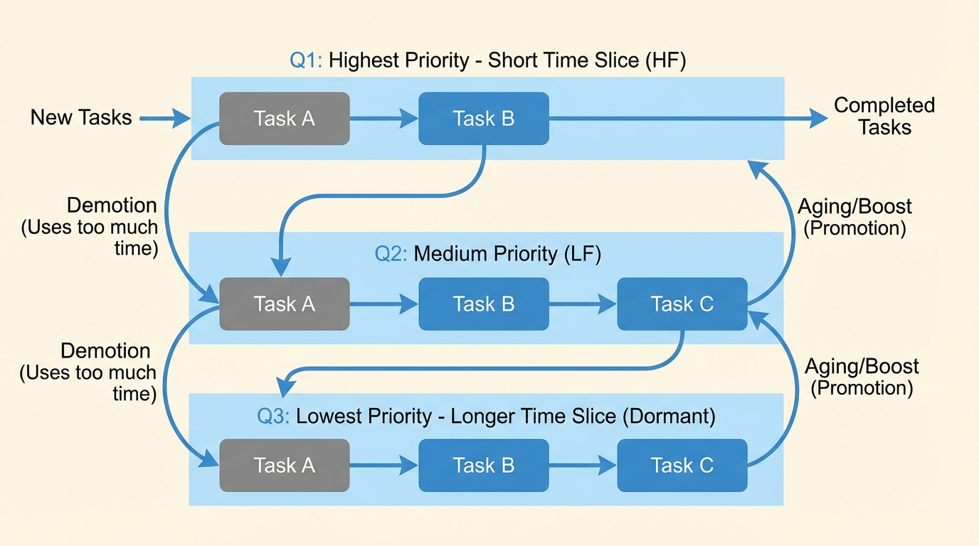 MLFQ queues with promotion and demotion arrows